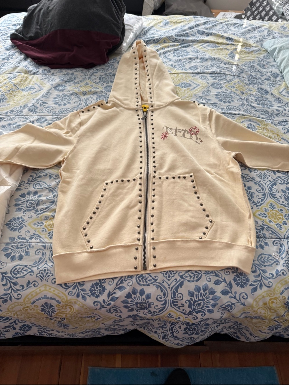 GFTDLA Cream Stud-Trim Zip Up Mens Hoodie